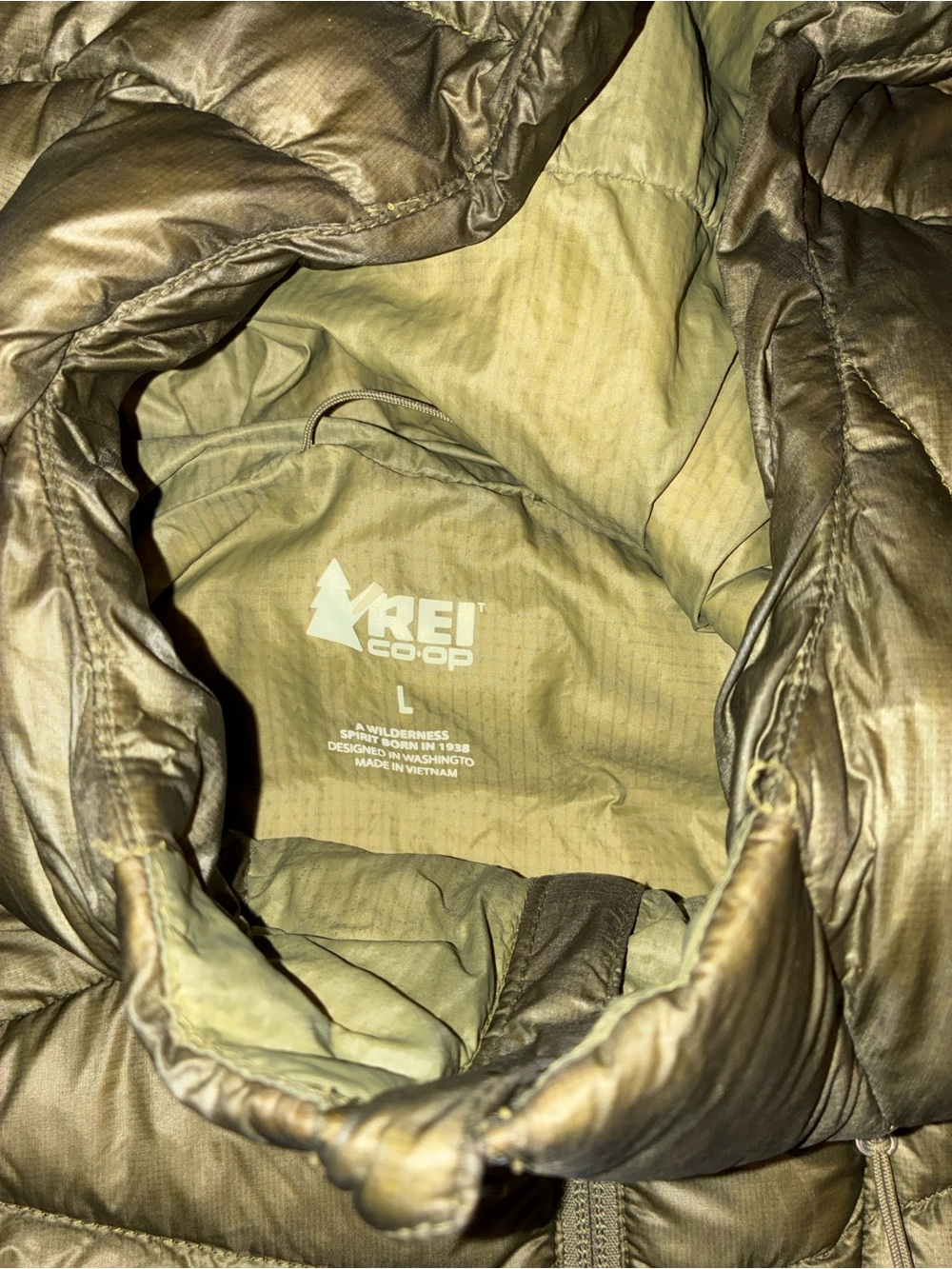 REI Co-op Olive Green Quilted Hooded Down Jacket - Picture 3 of 3
